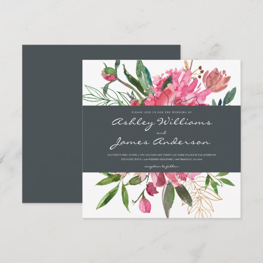 Ruby Peony Floral Wedding Einladung | Platz (Vorne/Hinten)