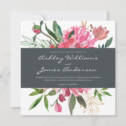 Ruby Peony Floral Wedding Einladung | Platz (Vorderseite)