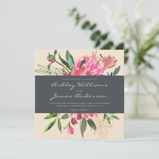 Ruby Peony Floral Wedding Einladung | Platz (Stehend Vorderseite)