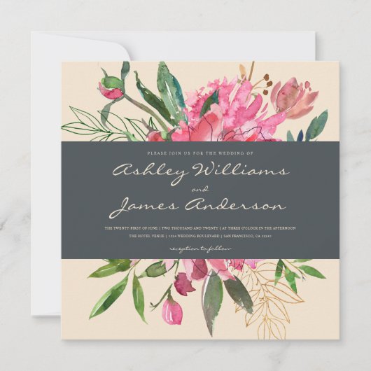 Ruby Peony Floral Wedding Einladung | Platz (Vorderseite)