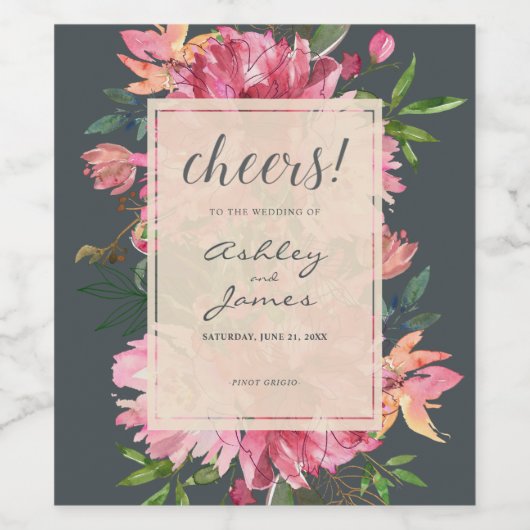 Ruby Pink Peony Botanical Cheers Wedding Weinetikett (Einzelnes Label)