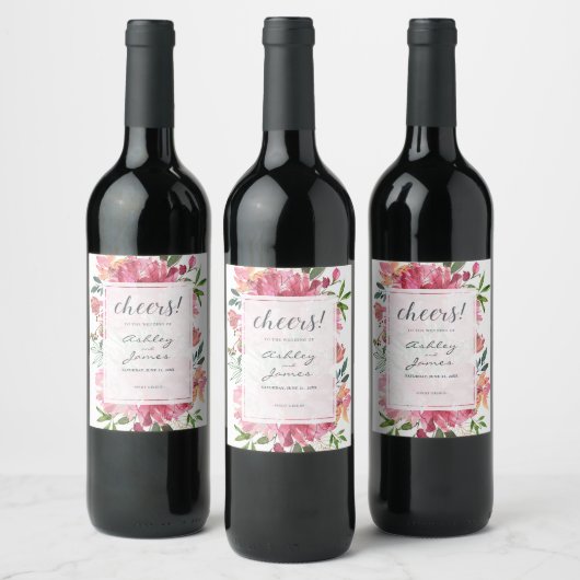 Ruby Pink Peony Botanical Cheers Wedding Weinetikett (Flaschen)