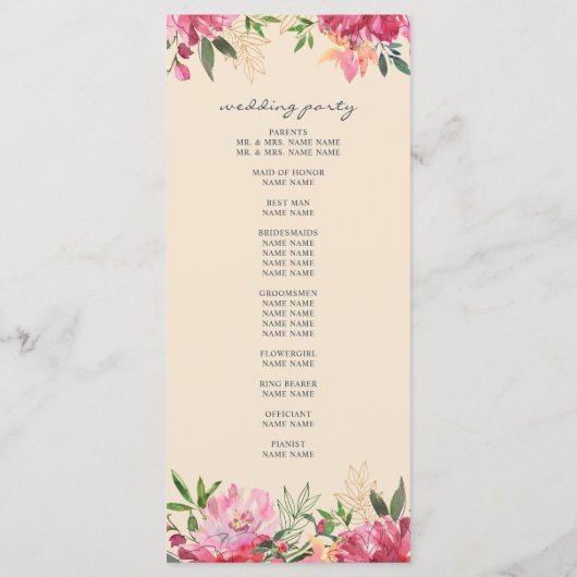 Ruby Pink Peony Botanical Ivory Wedding Programm (Rückseite)