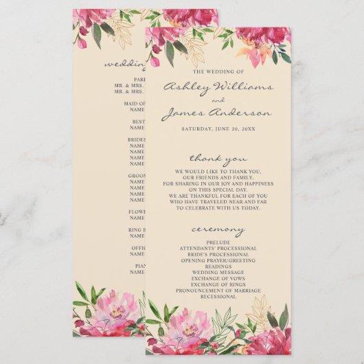 Ruby Pink Peony Botanical Ivory Wedding Programm (Vorne/Hinten)