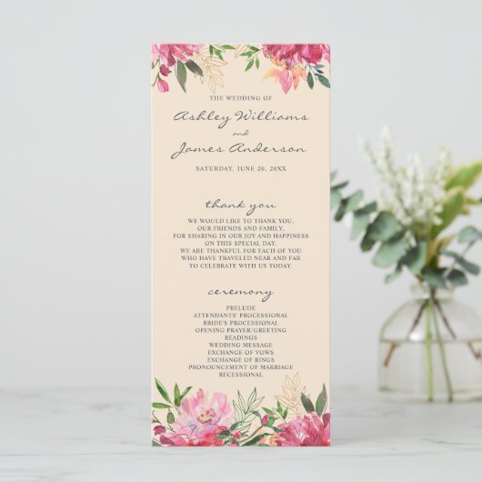 Ruby Pink Peony Botanical Ivory Wedding Programm (Stehend Vorderseite)