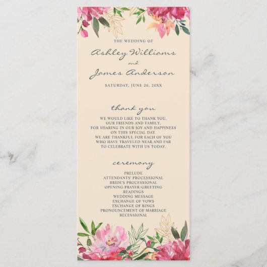 Ruby Pink Peony Botanical Ivory Wedding Programm (Vorderseite)