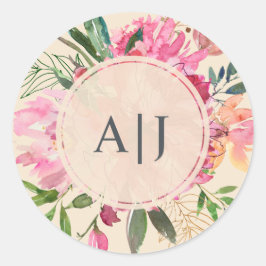 Ruby Pink Peony Botanical Monogram Wedding Runder Aufkleber