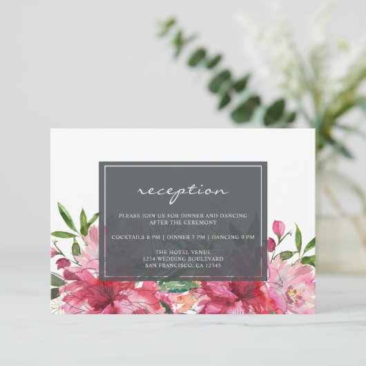 Ruby Pink Peony Botanical Wedding Begleitkarte (Stehend Vorderseite)