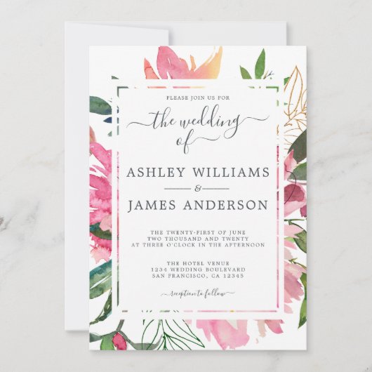 Ruby Pink Peony Botanical Wedding Einladung (Vorderseite)