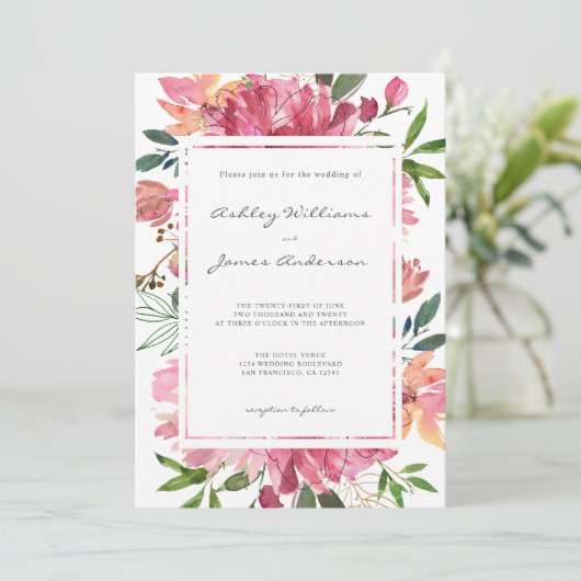 Ruby Pink Peony Botanical Wedding Einladung (Stehend Vorderseite)