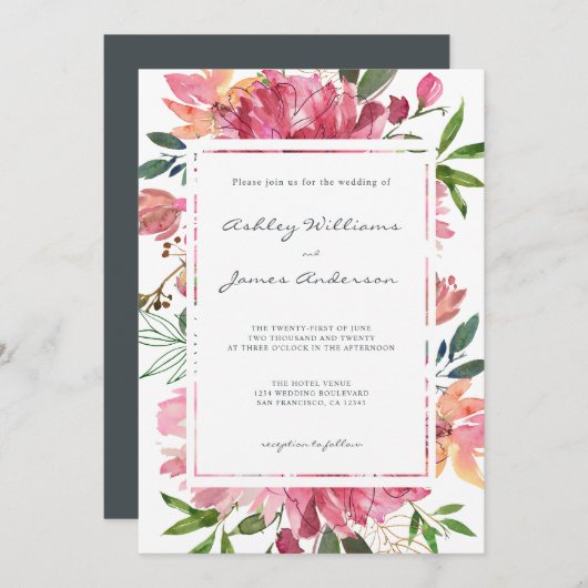 Ruby Pink Peony Botanical Wedding Einladung (Vorne/Hinten)