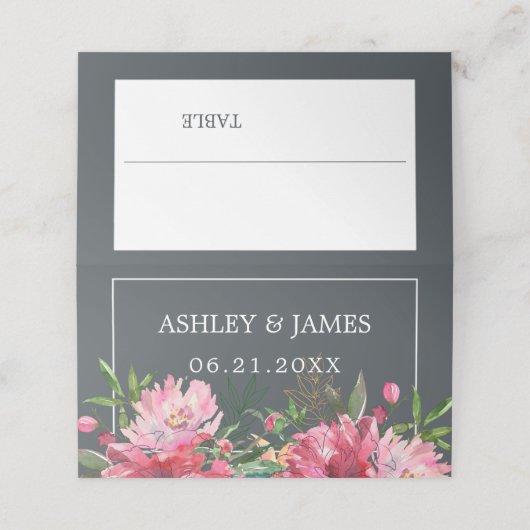 Ruby Pink Peony Botanical Wedding Platzkarte (Außenseite Aufgefaltet)