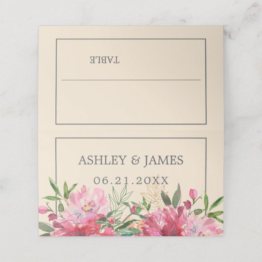 Ruby Pink Peony Botanical Wedding Platzkarte (Außenseite Aufgefaltet)