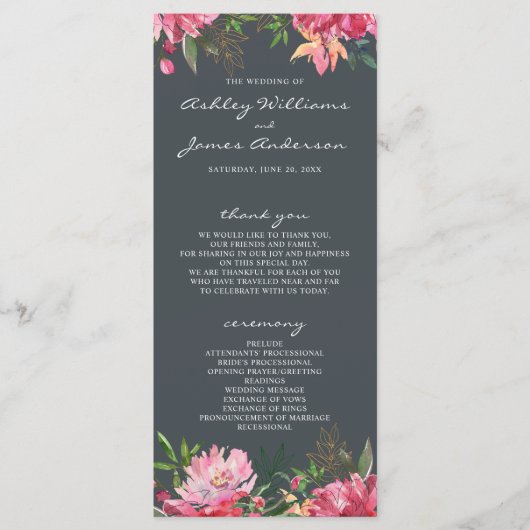 Ruby Pink Peony Botanical Wedding Programm (Vorderseite)