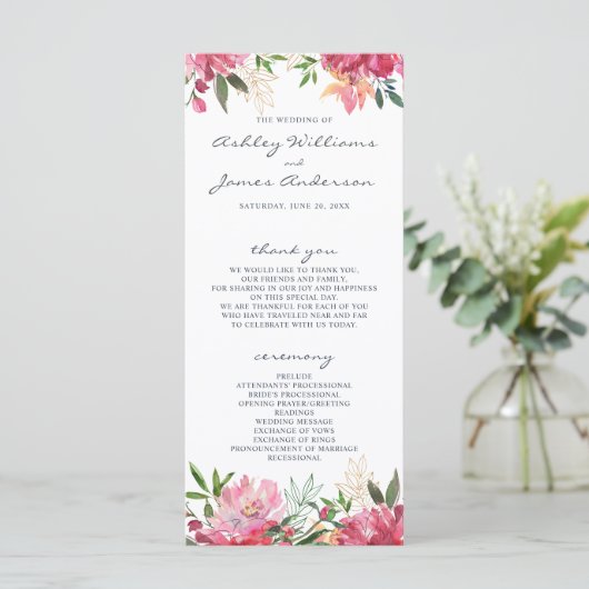 Ruby Pink Peony Botanical Wedding Programm (Stehend Vorderseite)
