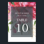 Ruby Pink Peony Botanical Wedding Tischnummer<br><div class="desc">Elegante und moderne rubinrosafarbene Tischnummer mit blühender Hochzeitskarte mit lackierten Aquarellfarben-Blume in Rosa und üppigem grünem Blattwerk auf weißem Hintergrund. Fügen Sie einfach Ihre Hochzeitsdetails zu dem schieren off-black Overlay hinzu. Wenn Sie Hilfe oder passende Produkte benötigen, kontaktieren Sie uns bitte über unseren Shop. Wir helfen Ihnen gerne, Ihre Hochzeit...</div>