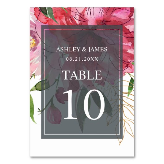 Ruby Pink Peony Botanical Wedding Tischnummer (Vorderseite)