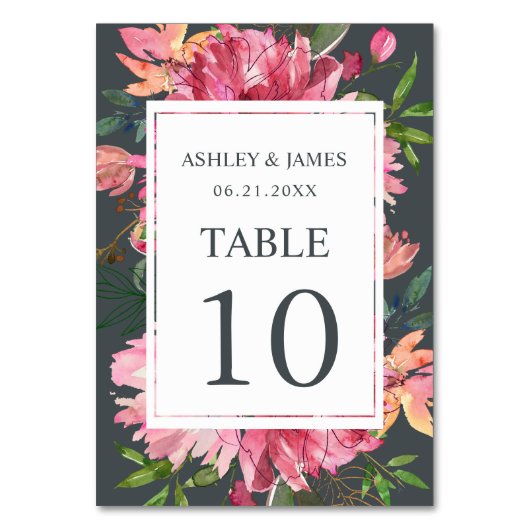 Ruby Pink Peony Botanical Wedding Tischnummer (Vorderseite)