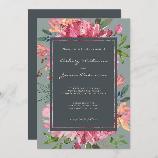 Ruby Pink Peony Floral Green Wedding Einladung (Vorne/Hinten)