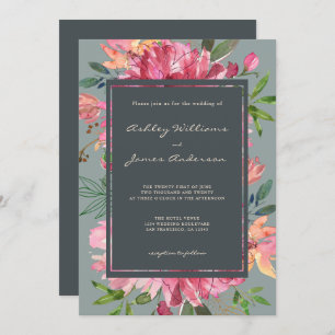 Ruby Pink Peony Floral Green Wedding Einladung