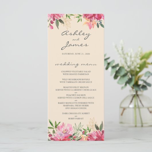 Ruby Pink Peony Floral Ivory Wedding Menükarte (Stehend Vorderseite)