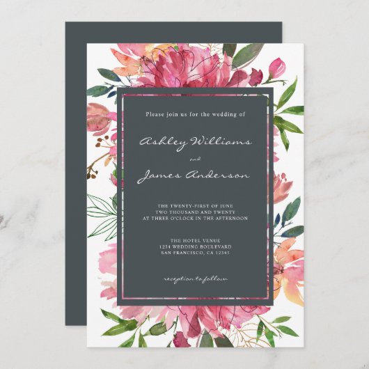 Ruby Pink Peony Floral Wedding Einladung (Vorne/Hinten)