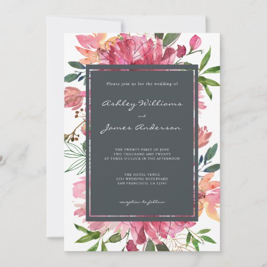 Ruby Pink Peony Floral Wedding Einladung (Vorderseite)
