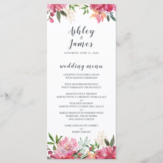 Ruby Pink Peony Floral Wedding Menu Menükarte (Vorderseite)