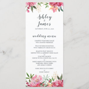 Ruby Pink Peony Floral Wedding Menu Menükarte