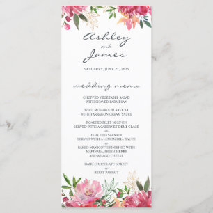 Ruby Pink Peony Floral Wedding Menu Menükarte
