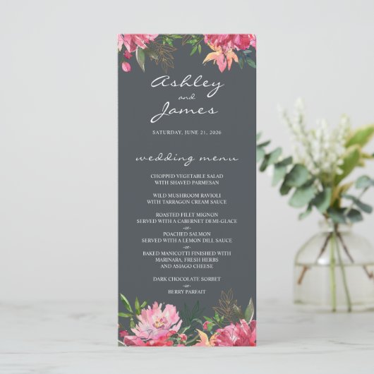 Ruby Pink Peony Floral Wedding Menükarte (Stehend Vorderseite)