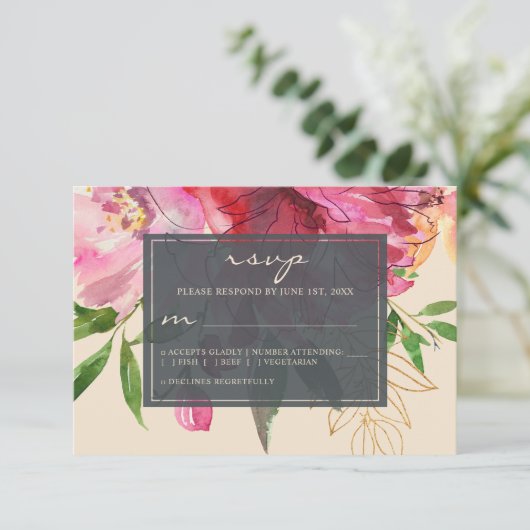 Ruby Pink Peony Ivory Floral Wedding RSVP Karte (Stehend Vorderseite)