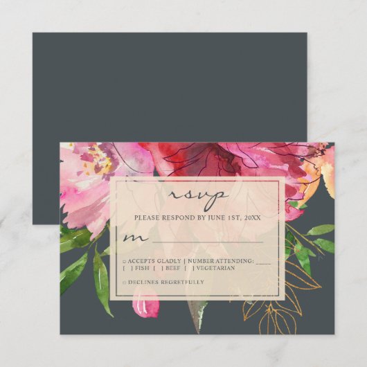 Ruby Pink Peony Ivory Floral Wedding RSVP Karte (Vorne/Hinten)