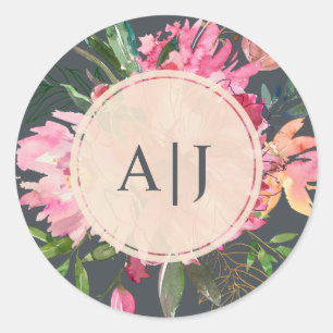 Ruby Pink Pfingstrose Florale Botanische Monogramm Runder Aufkleber