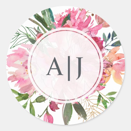 Ruby Pink Pfingstrose Florale Botanische Monogramm Runder Aufkleber (Vorderseite)