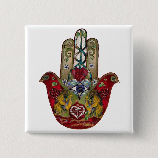 Ruby Pomegranate Heart Red Bird Hamsa Button (Vorderseite)