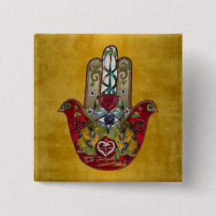 Ruby Pomegranate Heart Red Bird Hamsa Button