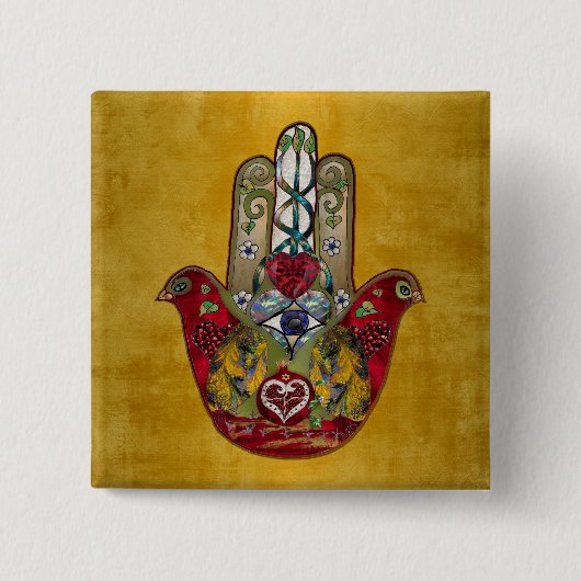 Ruby Pomegranate Heart Red Bird Hamsa Button (Vorderseite)