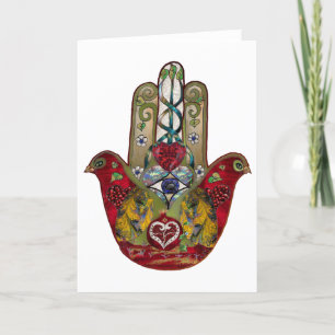Ruby Pomegranate Heart Red Bird Hamsa Feiertagskarte