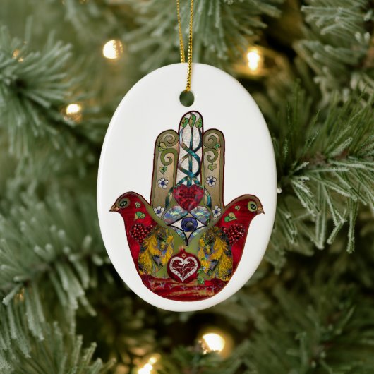Ruby Pomegranate Heart Red Bird Hamsa Keramik Ornament (Baum)