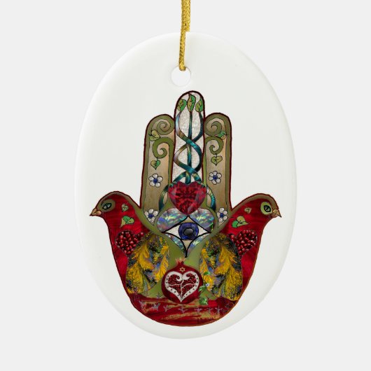 Ruby Pomegranate Heart Red Bird Hamsa Keramik Ornament (Vorne)