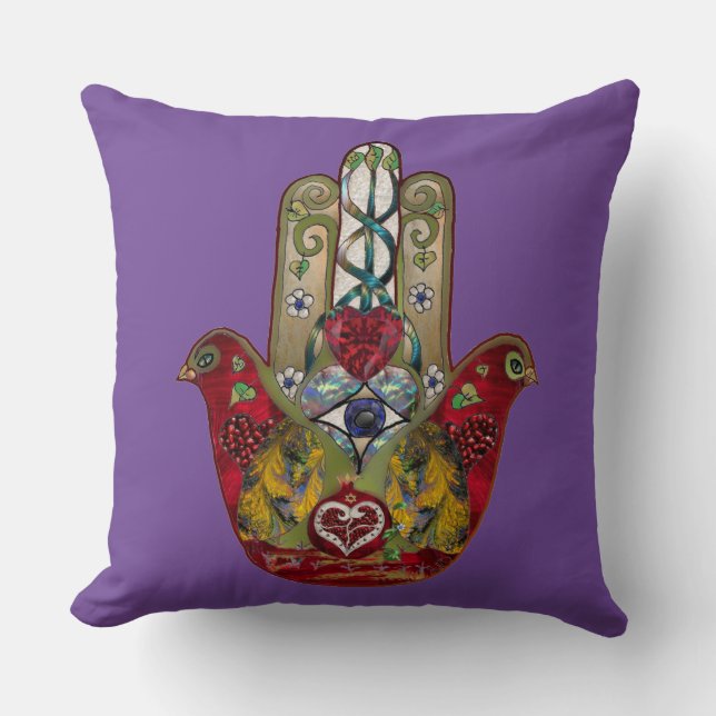 Ruby Pomegranate Heart Red Bird Hamsa Kissen (Vorderseite)