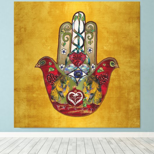 Ruby Pomegranate Heart Red Bird Hamsa Leinwanddruck (Insitu (Holzboden))