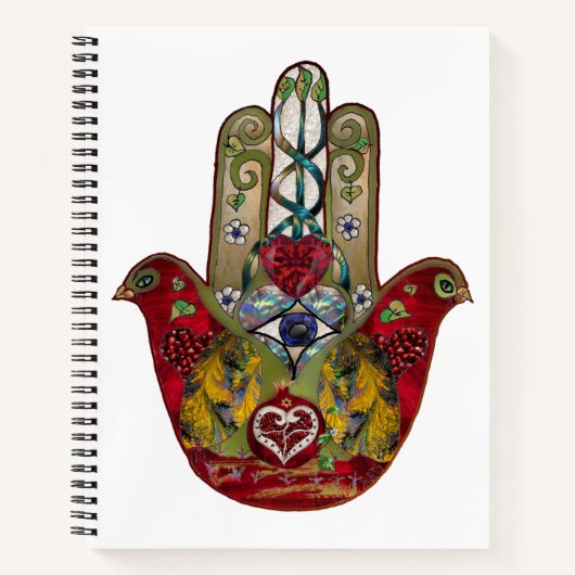 Ruby Pomegranate Heart Red Bird Hamsa Notizblock (Vorderseite)