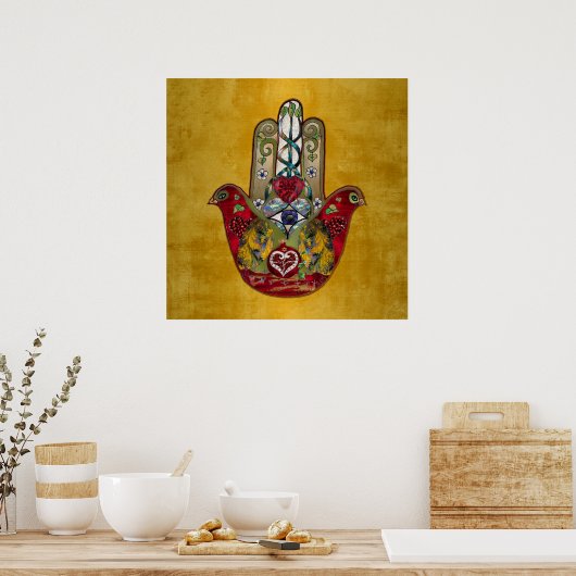 Ruby Pomegranate Heart Red Bird Hamsa Poster (Küche)