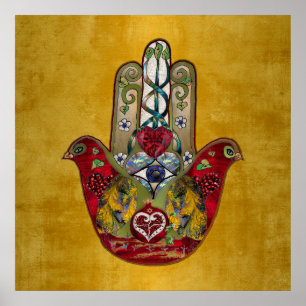 Ruby Pomegranate Heart Red Bird Hamsa Poster