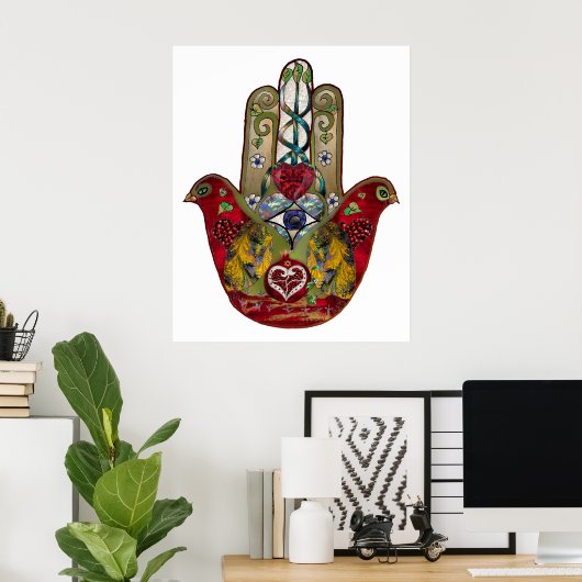Ruby Pomegranate Heart Red Bird Hamsa Poster (Heimbüro)
