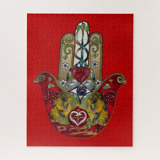 Ruby Pomegranate Heart Red Bird Hamsa Puzzle (Vertikal)