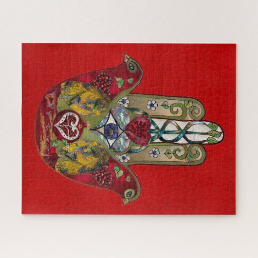 Ruby Pomegranate Heart Red Bird Hamsa Puzzle (Horizontal)