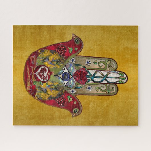 Ruby Pomegranate Heart Red Bird Hamsa Puzzle (Horizontal)